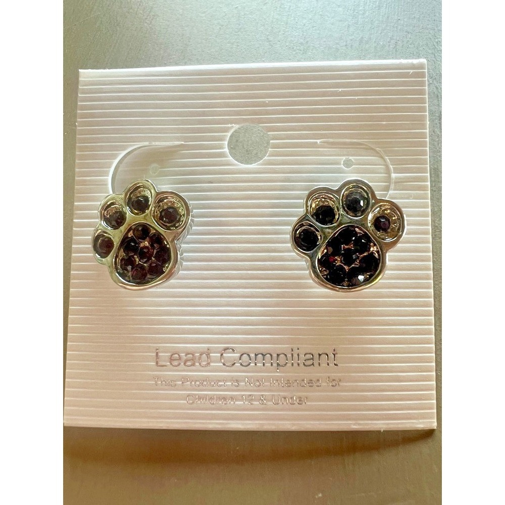 Black Paw Print Earrings Puppy Dog Lover Gift Silver Rhinestones .5" Pet Mom NWT